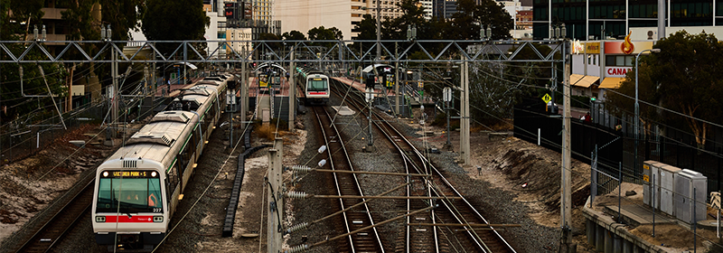 Two trains running view from a bridge